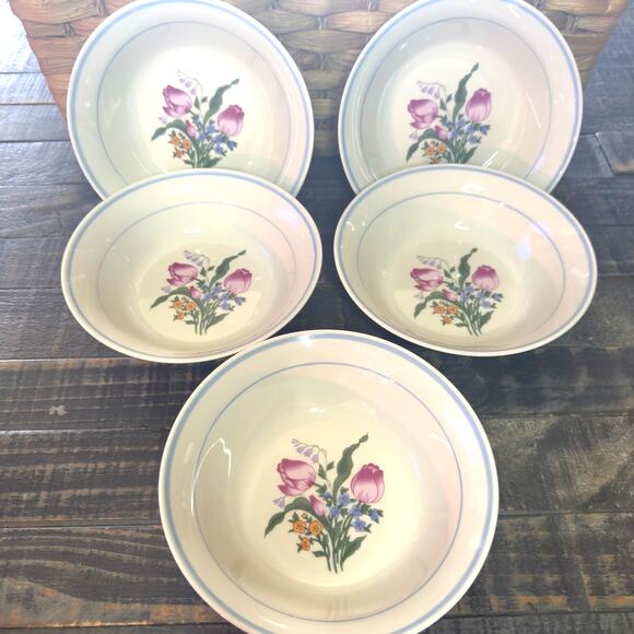 Vintage Kitchen Pink Tulip 6 7/8" Stoneware Dinner Bowls Set Of 5 - Picture 1 of 6